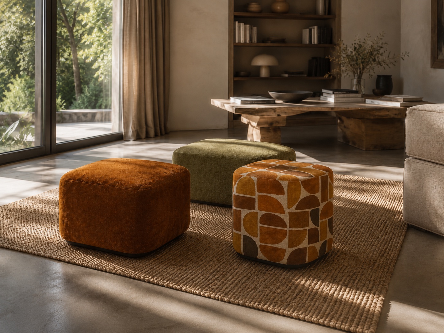 Trois assises nomades colorées — terracotta, olive et motif géométrique — dans un salon lumineux avec grande baie vitrée